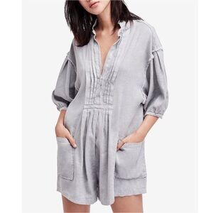 Free People Tomboy Frayed & Pintucked  Linen Blend Gray Romper Size L